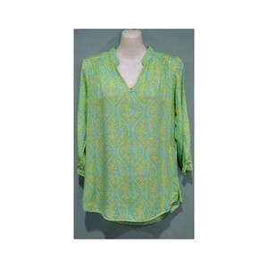 Escapada 3/4 Sleeve Print Hi-Lo Tunic‎ Top, Turquoise and Lime, Sz S